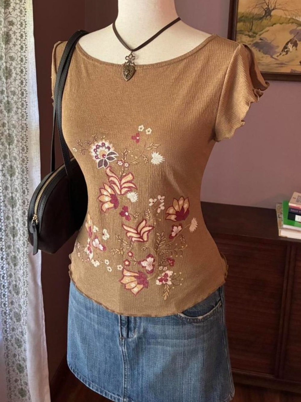 A. Byer Brown Floral Embroidered Short Sleeve Camisole